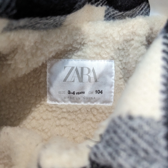 Zara 3-4 Year Toddler Girl Winter Coat Shacket Warm Plaid Black Cream 3T 4T - Picture 6 of 7